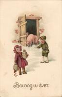 Újév - 3 db régi, malacos képeslap, melyek közül 2 litho / 3 New Year Pigs