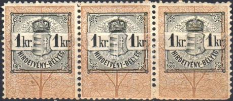 1887 Hirdetvénybélyeg hármascsík, alul rövid fogak (6000 ++)