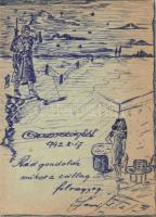 5 db II. világháborús tábori levelezőlap az orosz frontról, saját kézzel rajzolt díszítéssel