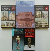 5 db klf művészeti könyv: Antikvitások zseblexikona, Porcelánok (angol), Az építészet világtörténete, Mesopotamia (angol)