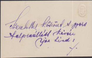 Garamszeghy-Glczy Séndor a Nemzeti Színház örökös tagjának üdvözlő sorai névjegykártyáján