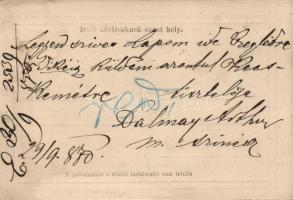 1870 Dalmay Arthur (Kubinszky Antal) színigazató és színész sajátkezű levelezőlapja