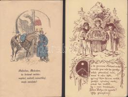 Cseh mesék és mondókák: 13 db futott, régi lap Mikolas Ales és M. Fisherová-Kvechová illusztrációival készült sorozatokból / 13 Czech tales and rhymes