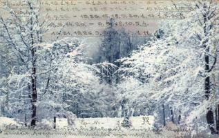 1904. Hosszú címzéses, futott képeslap, Ráday Mariskának Schima Bandi saját kezű - valószínűleg szerelmi szöveg kódolásával.