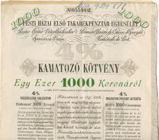 1904. Pesti Első Hazai Takarékpénztár Egyesület 4% kamatozó kötvény 1000 koronáról
