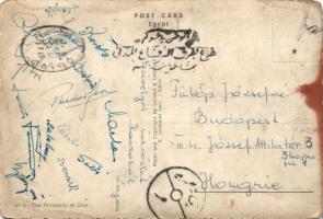 1953 december 31. Az aranycsapat tagjai által Kairóból küldött képeslap a csapattagok aláírásával / Postcard from Cairo with the signatures of the Hungarian GOlden-Team members incl. Puskas