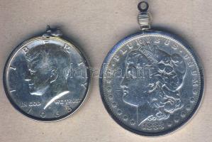 USA 1883O 1$ Ag "Morgan" + 1968. 1/2$ Ag "Kennedy" T:3,2- mindkettő foglalatban, medálként használható az egyik