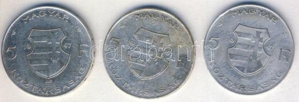 1947. 5Ft Ag (3x) "Kossuth" T:3 ph