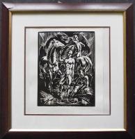 1930 Menyhárt József (1901-1976): Lovasok, fametszet-papír, jelzett, keretben 33x35 cm