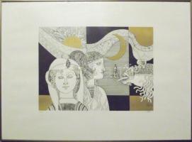 Szász Endre (1926-2003): Kompozíció, linómetszet, sorszámozott, jelzett 100/40, keretben 80x50 cm