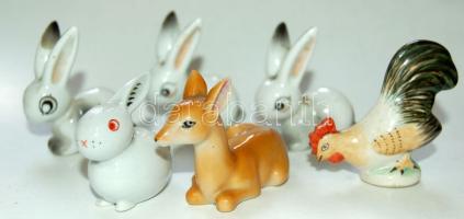 6 db kis porcelán figura (nyulak, őz, kakas) / 6 pcs chinaware figure