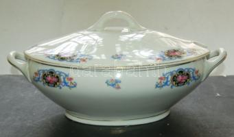 Ismeretlen jelzéssel ellátott kézzel festett porcelán leveses tál / Handpainted chinaware soup bowl 36x23 cm