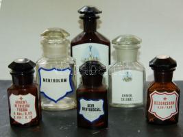 6 db régi klf méretű gyógyszeres üveg felcímkézve