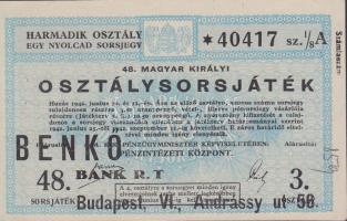 1942. "48. Magyar Királyi Osztálysorsjáték" harmadik osztály egy nyolcad sorsjegye T:I- két apró lyuk (tűzőkapocs nyom)