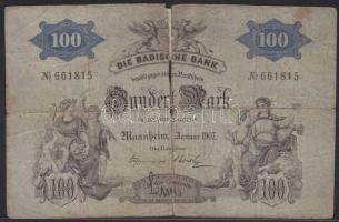 Német Birodalom /Császárság/Badische Bank 1907. 100M T:IV- hátlapon bélyeggel van összeragasztva