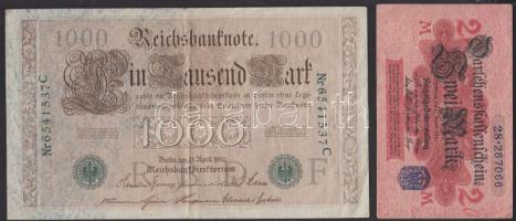 Német Birodalom 1910. 1000M hétjegyű sorszámmal T:III + 1914. 2M kék pecséttel T:II-