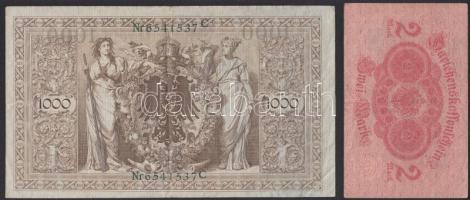 Német Birodalom 1910. 1000M hétjegyű sorszámmal T:III + 1914. 2M kék pecséttel T:II-