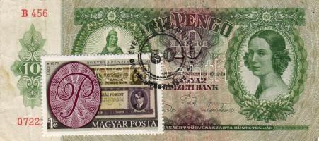 1936 10P, bankjegy vonatkozású ráragasztott  postabélyeggel és alkalmi bélyegzéssel T:II
