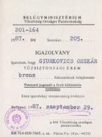 1987 Tűzbiztonsági érem oklevele és igazolványa Horváth István belügyminiszter saját kezű aláírásáva...