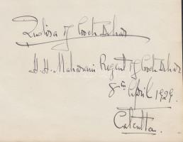 1929 Cooch Behar indiai tartomány régensének eredeti aláírása / HH. Maharani Regent of Cooch Behar original autograph. 17x13 cm