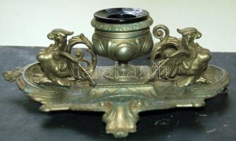 Díszes antik ón asztali tinta ás tolltartó hiányos és sérült állapotban