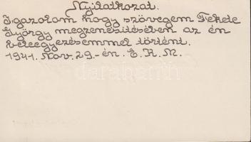 1941. Ecsedi Kovács Margit sorai és szignója névjegykártyáján
