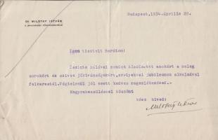 1934. Dr. Milotay István nemzetgyűlési képviselő aláírt levele