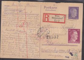 Bécs-Hennersdorfi zsidó kényszermunka-táborból magyarországi családtagoknak írt 15 db cenzurázott díjjegyes levelezőlap. A levelekben a nehéz idők mindennapjairól szóló tudósításokkal 1944 augusztus és október között. / 15 pcs. censored express PS card sent from the Wienna-Hennersdorf work-camp to the relatives in Hungary by a prisoner between August and October 1944. Interesting documents of the times