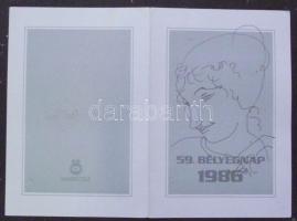 Szász Endre (1926-2003): 1986 Bélyegnap emléklap benne sor és blokk rajta tollrajz 19x21 cm
