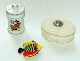 Festetlen porcelán dobozka, muránói üvegfüggő, porcelán Mickey Mouse sótartó