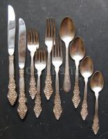 2 személyes ezüstözött réz evőeszközkészlet: kés, villa, kanál, kis villa, kis kanál