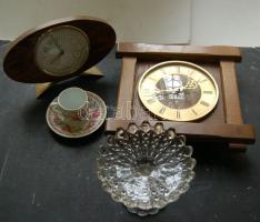 Bolha tétel: falióra, üveg cukorkás tál, porcelán kávéscsésze kistányérral, stb.