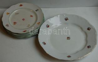 ~1920. Zsolnay jelzésű virágdíszes porcelán tányér 4db süteményes tányérkával, jó állapotban