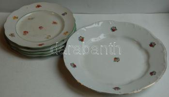 ~1920. Zsolnay jelzésű virágdíszes porcelán tányér 4db süteményes tányérkával, jó állapotban