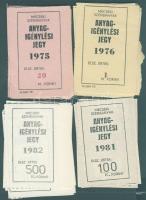 "Mecseki Szénbányák" anyagigénylési jegyek: 1975. 1M Ft, 5M Ft, 10M Ft, 20M Ft + 1976. 1M Ft, 2M Ft, 5M Ft, 50M Ft, 100M Ft + 1981. 1,2,5,10,20,50,100,500E Ft + 1982. 1,2,5,10,20,50,100,500E Ft T:I