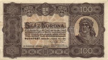 1923. 100K (2x) "T.W." + "Magyar Pénzjegynyomda Rt.." T:II,III+