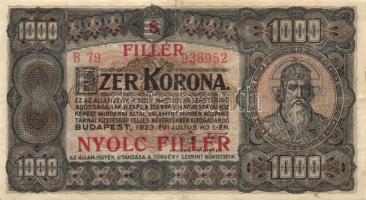 1923 1000K piros "8 FILLÉR - NYOLC FILLÉR" felülbélyegzéssel T:III++