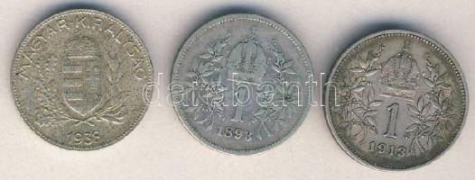 Ausztria 1893. 1K Ag + 1913. 1K Ag T:3 + 1938. 1P Ag T:3