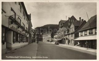 Schramberg Adolf Hitler street with Braustube Schraivogel, Restaurant Schützer, the shops of Hugo Haas and W. Schäfer