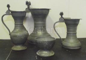 3 db klf méretű ón fedeles korsó és egy ón kispohár fa dobozban