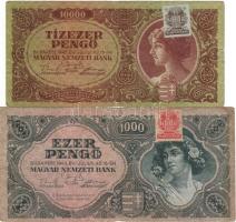 1945 1000P 3-as egyenes felső résszel + 10.000P mindkettőre lemezhibás bélyeg ragasztva T:II-