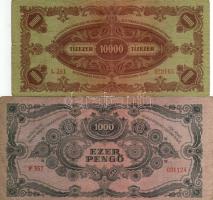 1945 1000P 3-as egyenes felső résszel + 10.000P mindkettőre lemezhibás bélyeg ragasztva T:II-