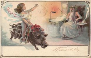 New Year pig ride, bizarre litho (wet damage)