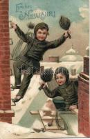 New Year chimney sweepers Emb. litho (wet damage)
