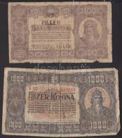 1923. 100K "0.8 FILLÉR NÉGYÖTÖD FILLÉR" felülbélyegzéssel + 1000K T.W. nyomdahely jelölés nélkül T:IV