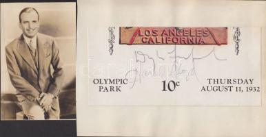 1932 Douglas Fairbanks és Harold Lloyd színészek eredeti aláírása a Los Angelesi Olimpia belépőjegyén + Faribanks eredeti fotója a  világot megkerülő Sulkowszky-Bartha motoros párosnak / Original photo and autograph of Douglas Fairbanks and autograph of Harold Lloyd on a Los angeles Olympic games entry ticket