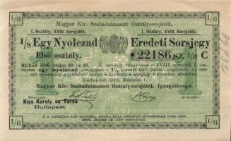 1906. Magyar Kir. Szabadalmazott Osztálysorsjáték első osztály XVIII. sorsjáték egy nyolcad sorsjegye 1/2K T:II hajtatlan