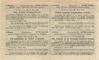1906. Magyar Kir. Szabadalmazott Osztálysorsjáték első osztály XVIII. sorsjáték egy nyolcad sorsjegy...