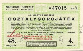 1942. "48. Magyar Királyi Osztálysorsjáték" negyedik osztály egy egész sorsjegye T:I