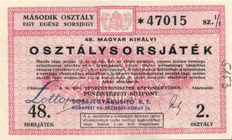 1942. "48. Magyar Királyi Osztálysorsjáték" második osztály egy egész sorsjegye T:I